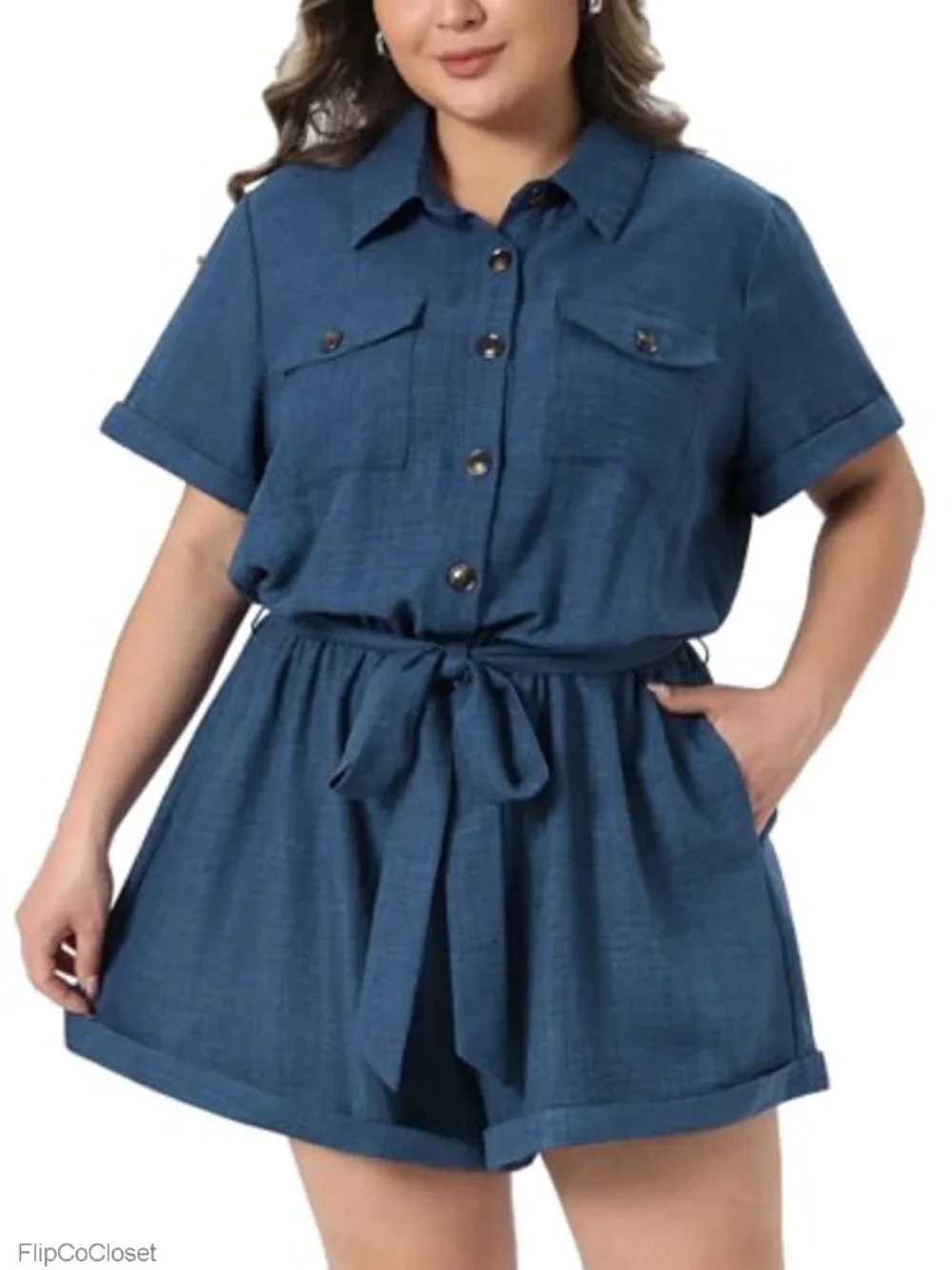 Plus Size Rompers for Women Short Sleeve Button Down Belted with Pockets Faux